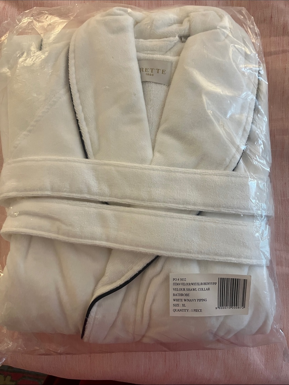 Frette White Velour Shawl Collar Bathrobe with Navy Piping